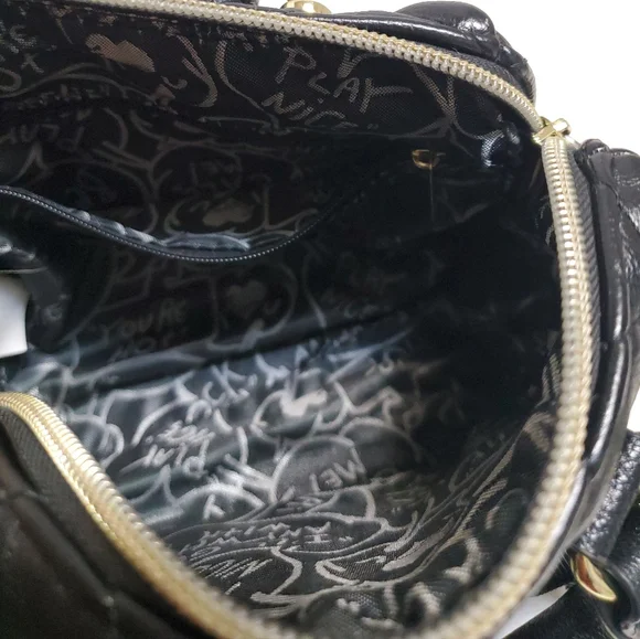 Betsey Johnson Mini Satchel Purse Be-Mine Heart Stud Crossbody Bag Quilted Black - Picture 5 of 5